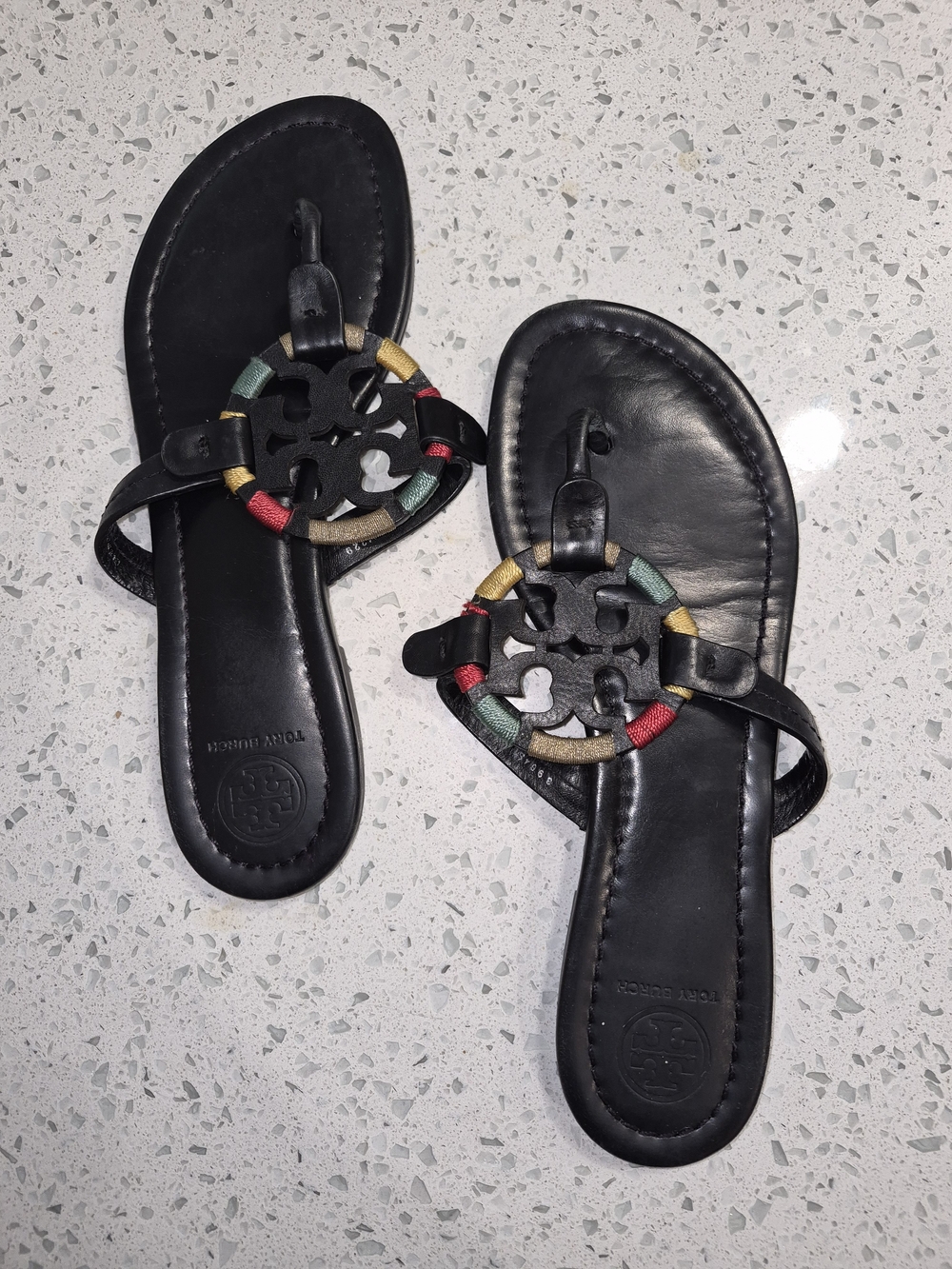 Tory Burch Black Leather Logo Slide Sandals with Red, Green & Gold Trim Size 8